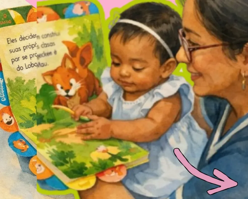 Bebê explorando um livro sensorial com um adulto