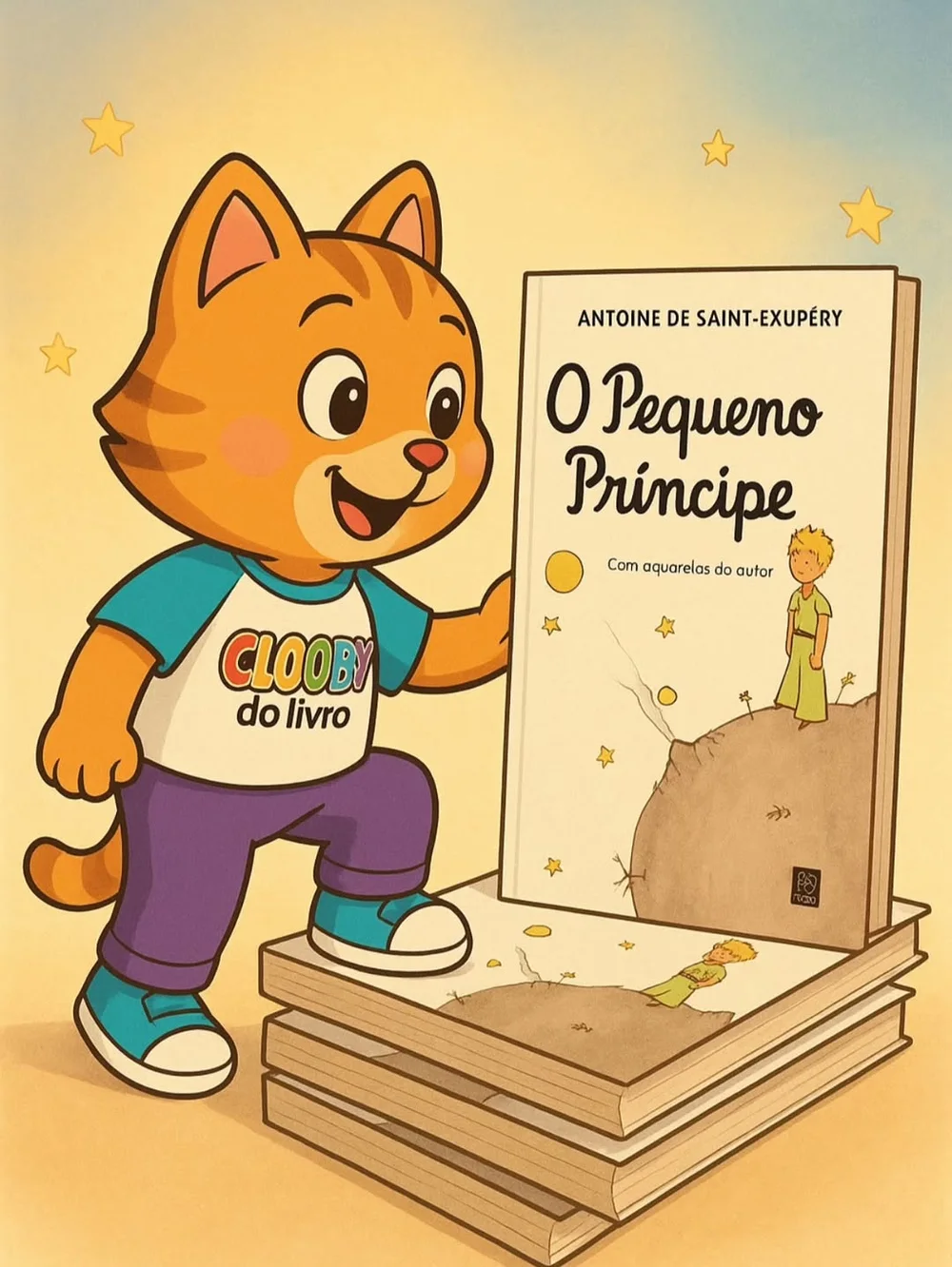 Cloobynho ao lado de um exemplar de O Pequeno Príncipe na livraria